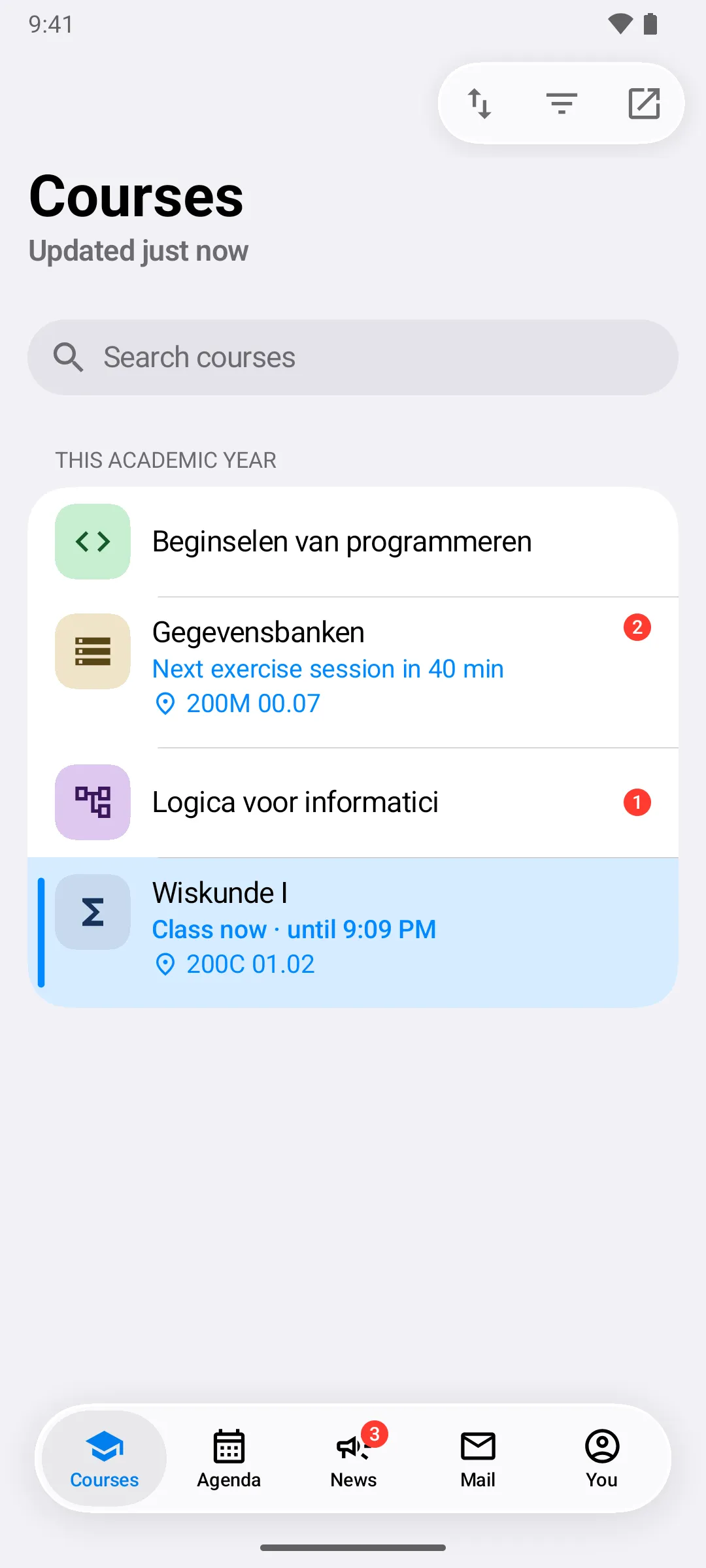 Tolly's course list in the Liquid Glass look, light theme