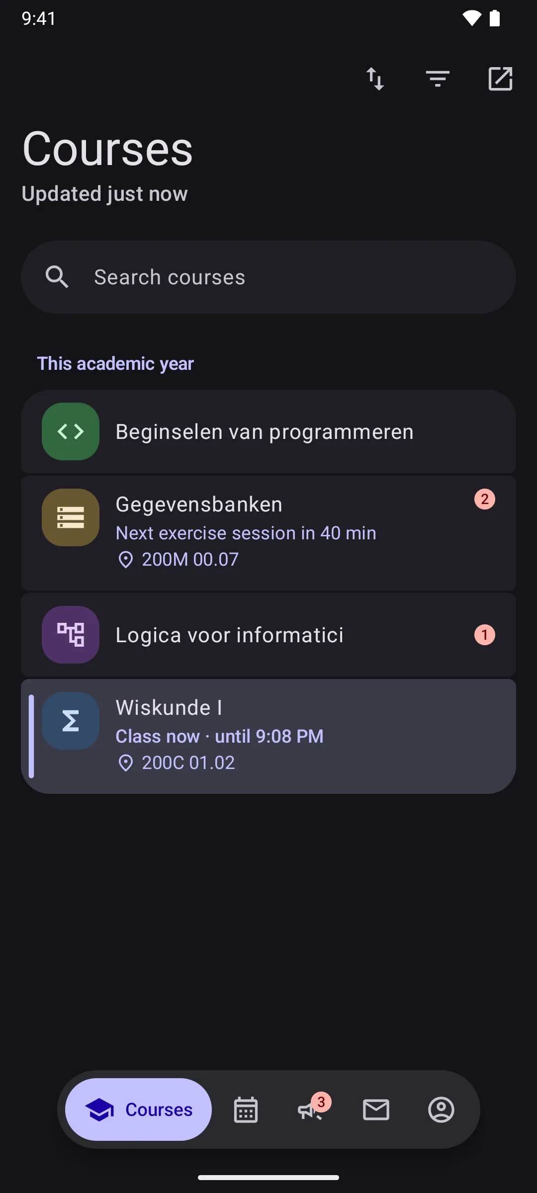 The course list, with a class going on now in Wiskunde I