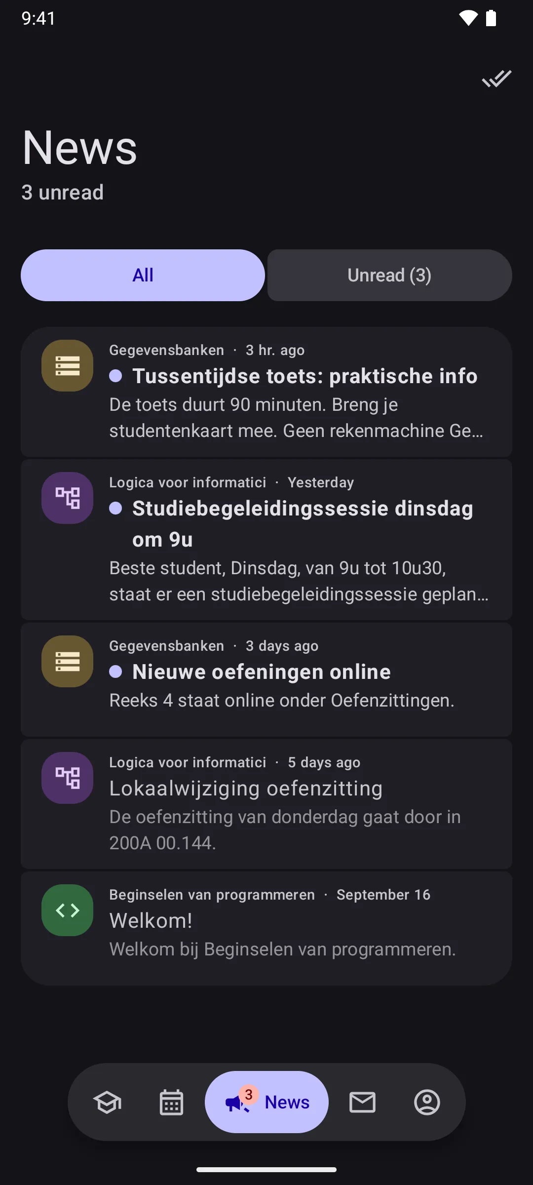Announcements from all courses, unread ones in bold