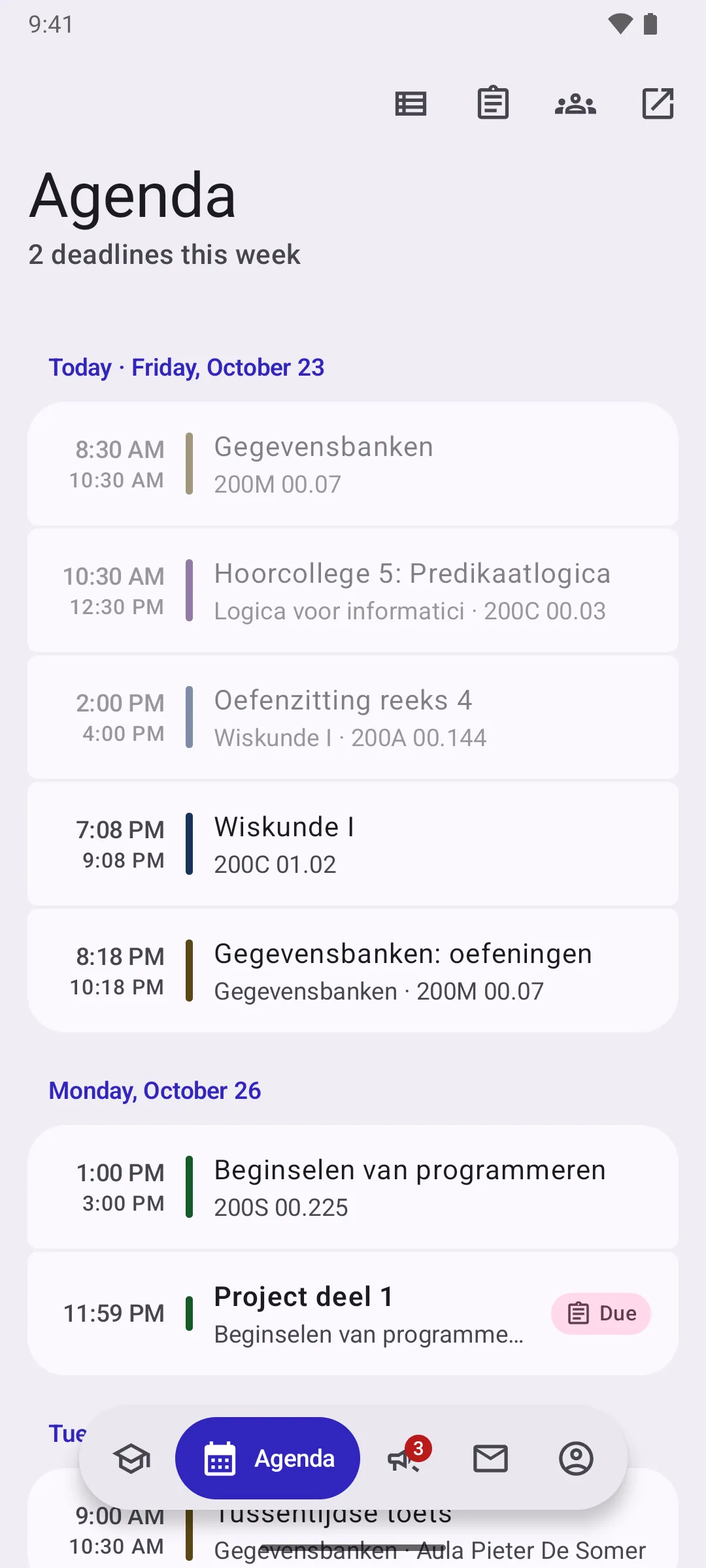 The agenda with today's lessons and tomorrow's deadline