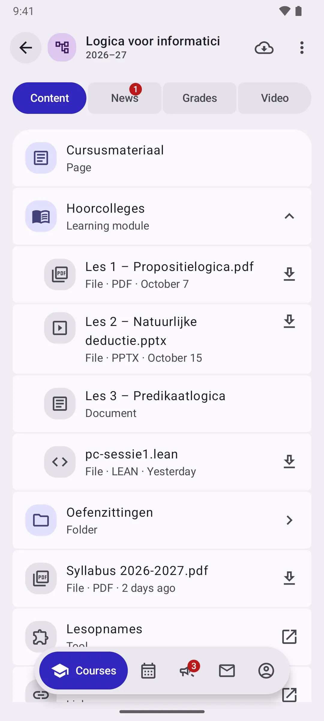A course's content: a learning module with lecture slides, a folder and the syllabus