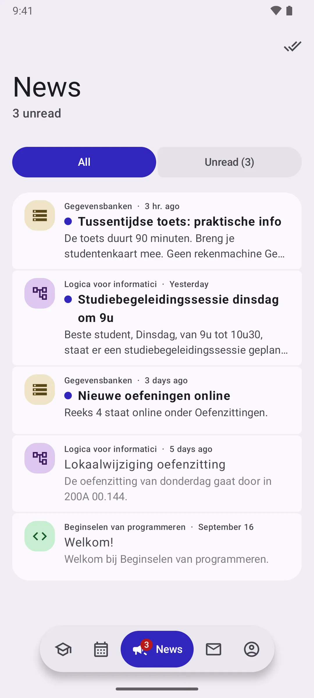 Announcements from all courses, unread ones in bold