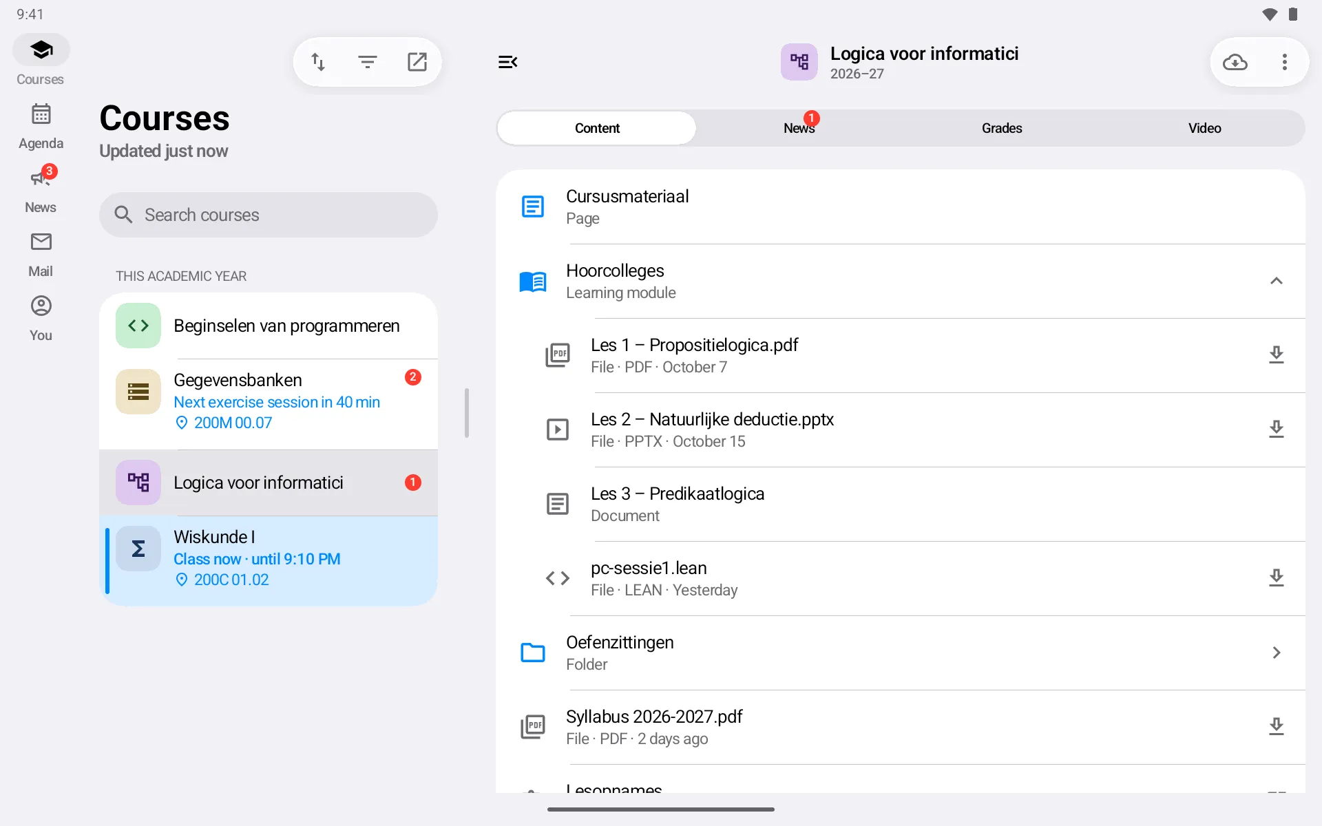 Tolly on a tablet: the course list next to a course's content